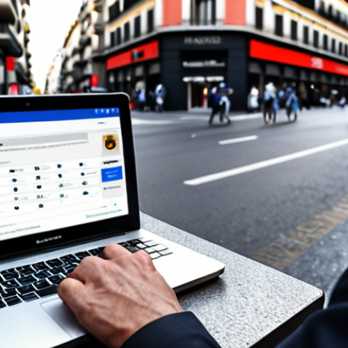 A person looking suspiciously at an email on their laptop with a bank logo, hovering their mouse over a link. The email has grammatical errors, and the background is a blurred image of a busy street in Madrid. The overall tone is cautionary.