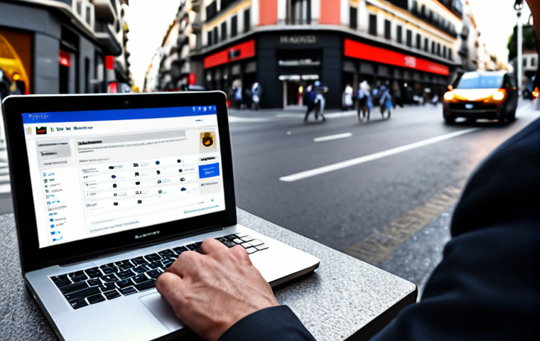 A person looking suspiciously at an email on their laptop with a bank logo, hovering their mouse over a link. The email has grammatical errors, and the background is a blurred image of a busy street in Madrid. The overall tone is cautionary.