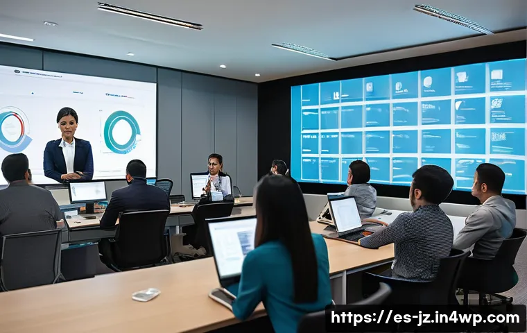 소셜 엔지니어링 방어를 위한 교육 자료 개발 - A modern office training room in a corporate building in Mexico City, with a diverse group of adult ...