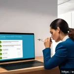 소셜 엔지니어링 공격 대응 매뉴얼 - A detailed digital illustration of a modern Spanish office environment where a professional woman ca...