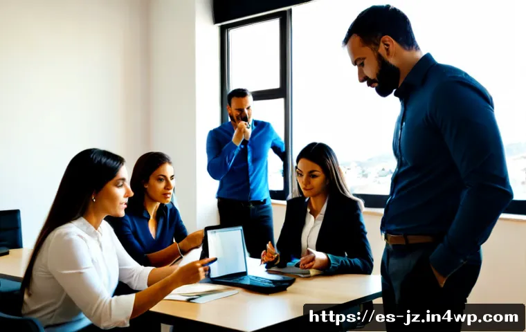 Home 15 소셜 엔지니어링 방어를 위한 팀워크 강화 - Photorealistic cybersecurity teamwork scene in a modern Spanish office, diverse colleagues gathered ...